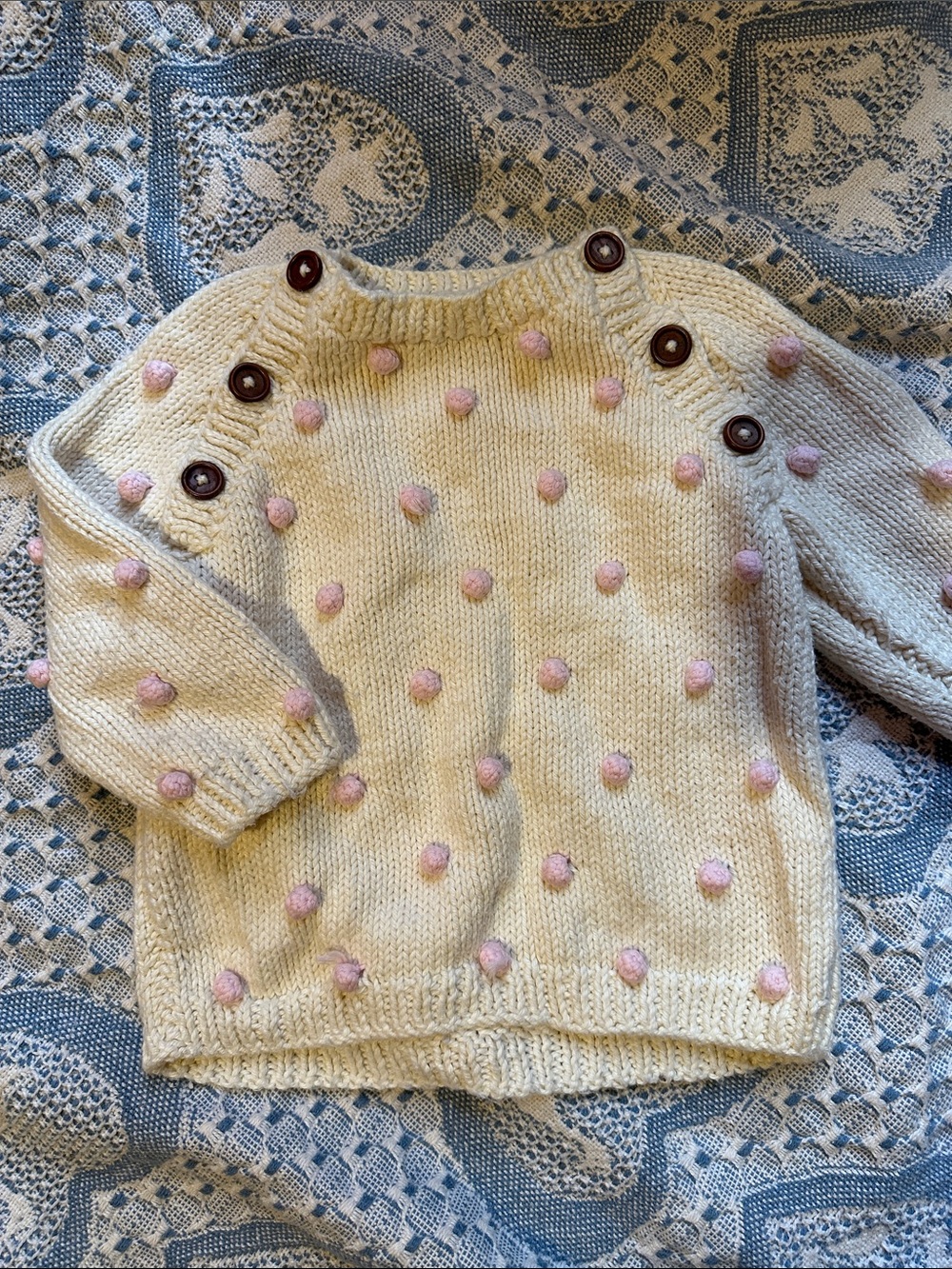 June Bee Baby toddler girl handmade Cream Pom-Pom Sweater with Pink Accents